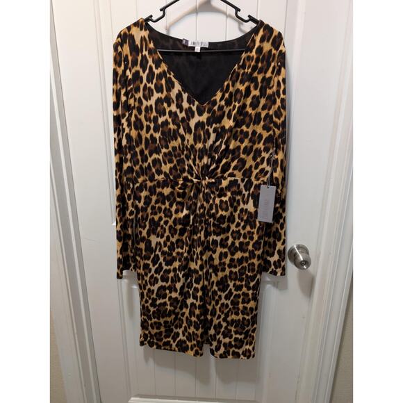 Jennifer Lopez Leopard Print Twist V Neck Stretchy Dress Size XL Cocktail NWT! - Picture 2 of 12